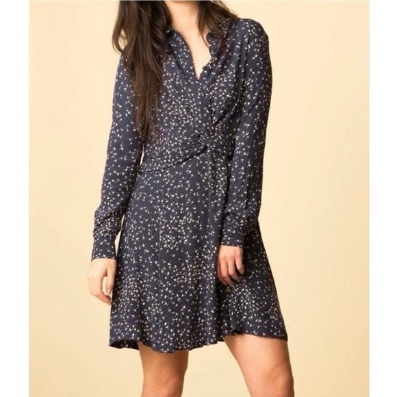 Ganni Barra Crepe Twist Long Sleeve Navy Floral Mini Shirt Dress Size EU 38 US 6 - Picture 1 of 11